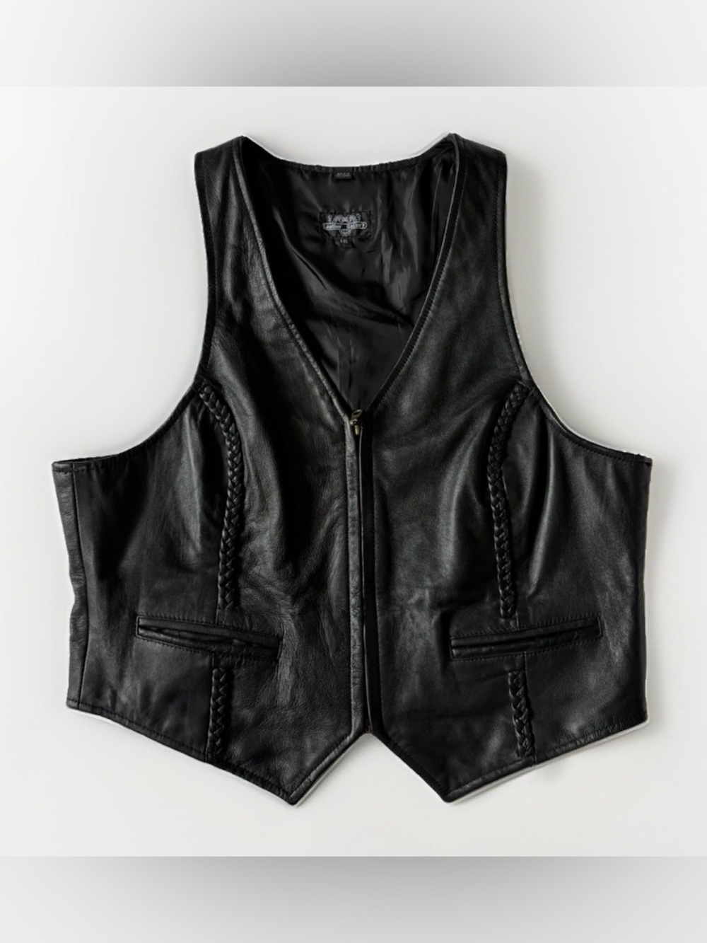 Leather Gallery Vintage Black Leather Vest Braided Trim Zip Up Western Biker 16
